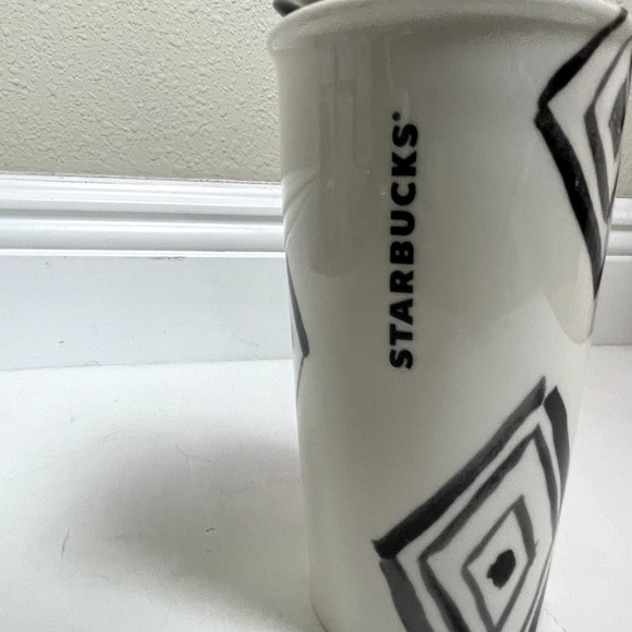 2014 Starbucks Travel Mug Ceramic Coffee Black Diamond Dot RARE 10 oz Tumbler - Picture 2 of 6